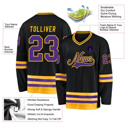 Custom Black Purple-Gold Hockey Jersey with Personalized Name & Number - Team Apparel Personalized Black Purple-Gold Hockey