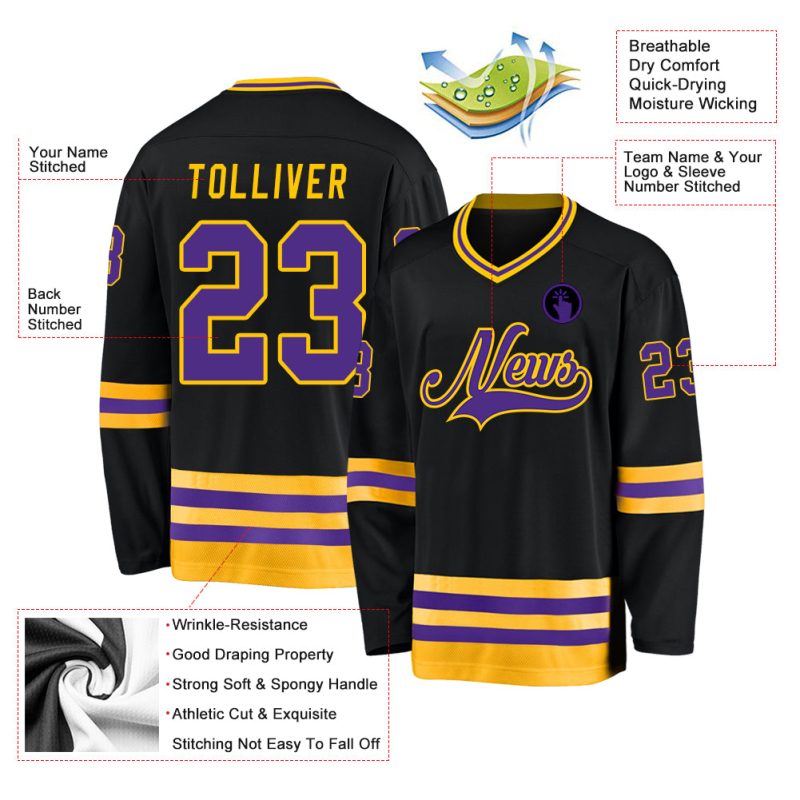 Custom Black Purple-Gold Hockey Jersey with Personalized Name & Number - Team Apparel Personalized Black Purple-Gold Hockey