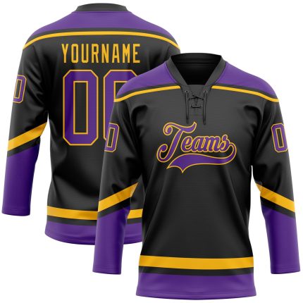 Personalized Gold Black Purple Hockey Lace Neck Jersey for Men and Women Personalized Black Purple-Gold Hockey Lace Neck