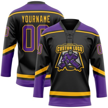 Personalized Gold Black Purple Hockey Lace Neck Jersey for Men and Women Personalized Black Purple-Gold Hockey Lace Neck