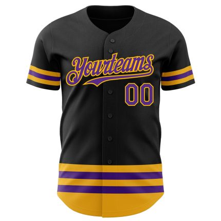 Personalized Purple Gold Striped Baseball Jersey - Custom Black Jersey for Fans Personalized Black Purple-Gold Line Baseball