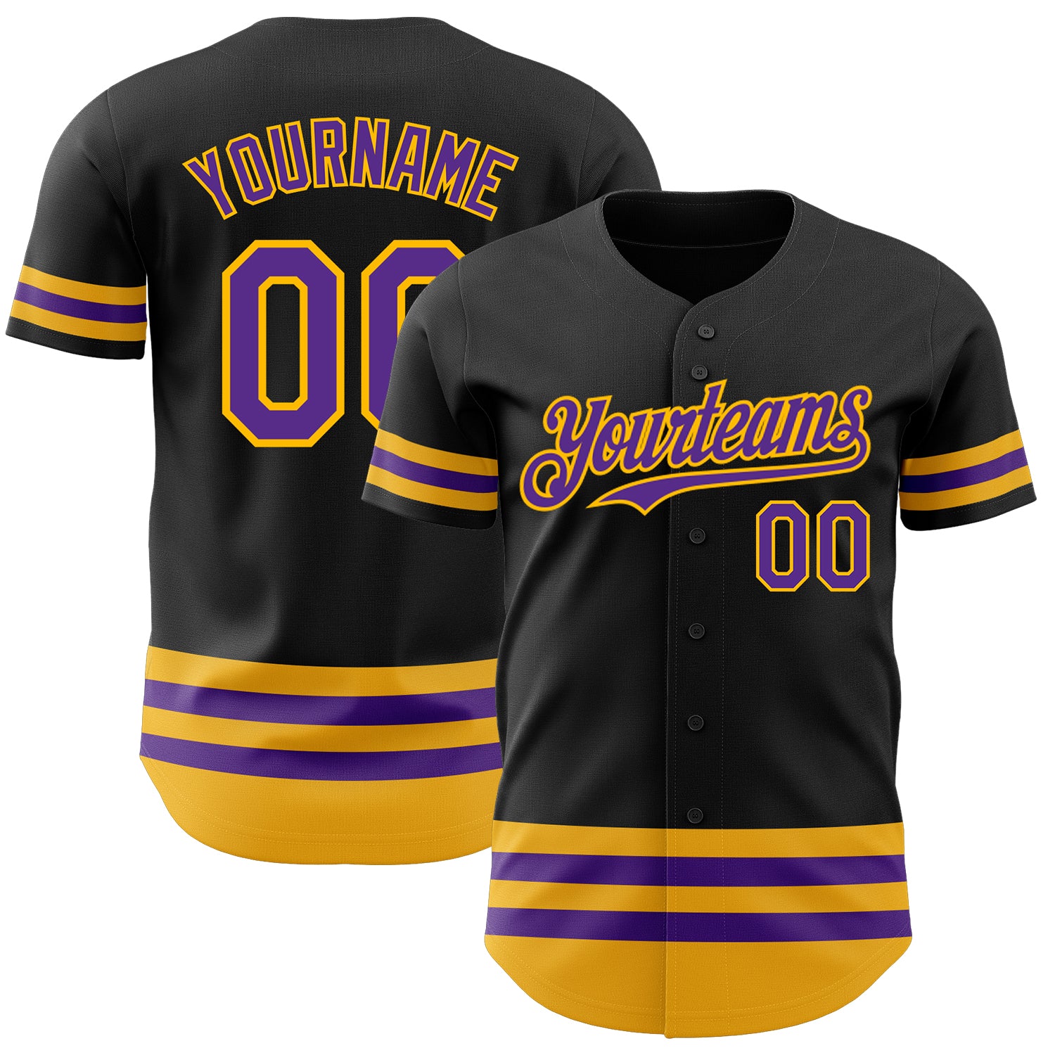 Personalized Purple Gold Striped Baseball Jersey - Custom Black Jersey for Fans Personalized Black Purple-Gold Line Baseball