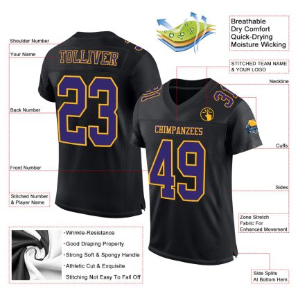 Personalized Black Purple Gold Football Jersey - Authentic Mesh Design Personalized Black Purple-Gold Mesh Authentic Football