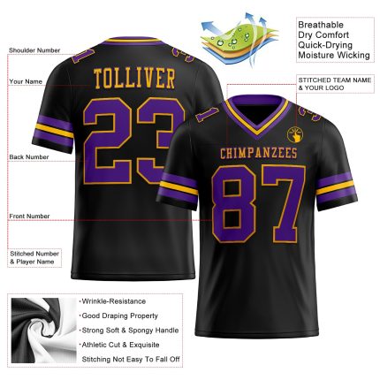 Custom Black Purple Gold Mesh Football Jersey for Men and Women Personalized Black Purple-Gold Mesh Football Jersey 3