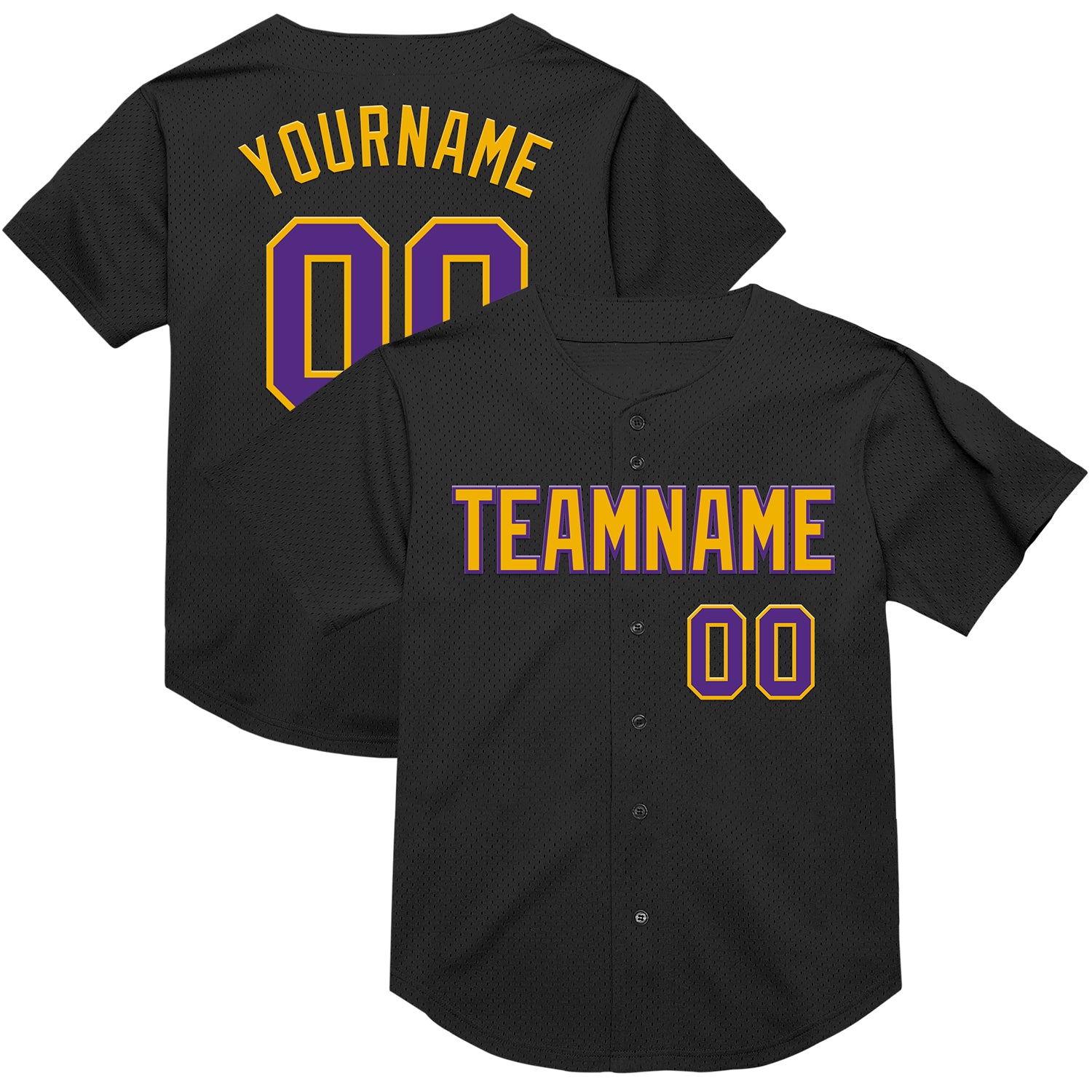 Personalized Black Purple Gold Baseball Jersey - Throwback Mesh Style 2 Personalized Black Purple-Gold Mesh Throwback Baseball