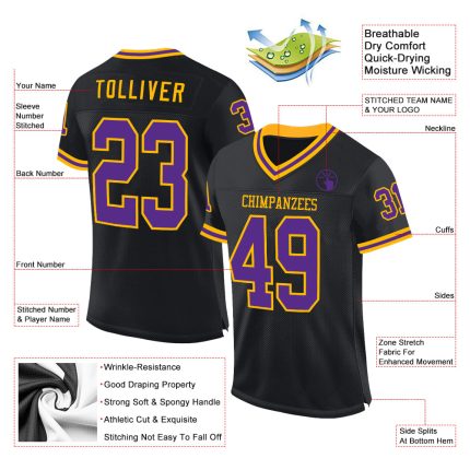 Personalized Black Purple Gold Throwback Football Jersey Mesh Design Personalized Black Purple-Gold Mesh Throwback Football