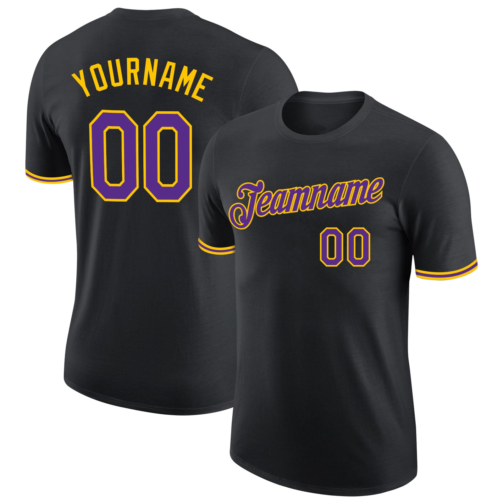 Custom Performance T-Shirt with Name and Number - Black Purple-Gold Team Shirt Personalized Black Purple-Gold Performance