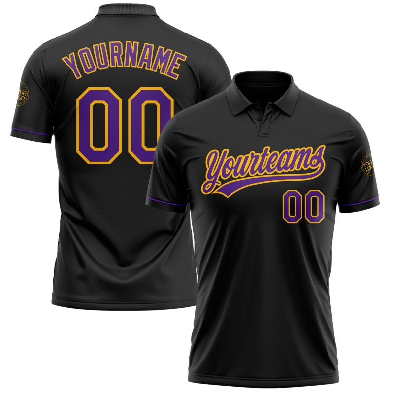 Custom Name Number Golf Polo Shirt Personalized Black Purple Gold Performance Personalized Black Purple-Gold Performance