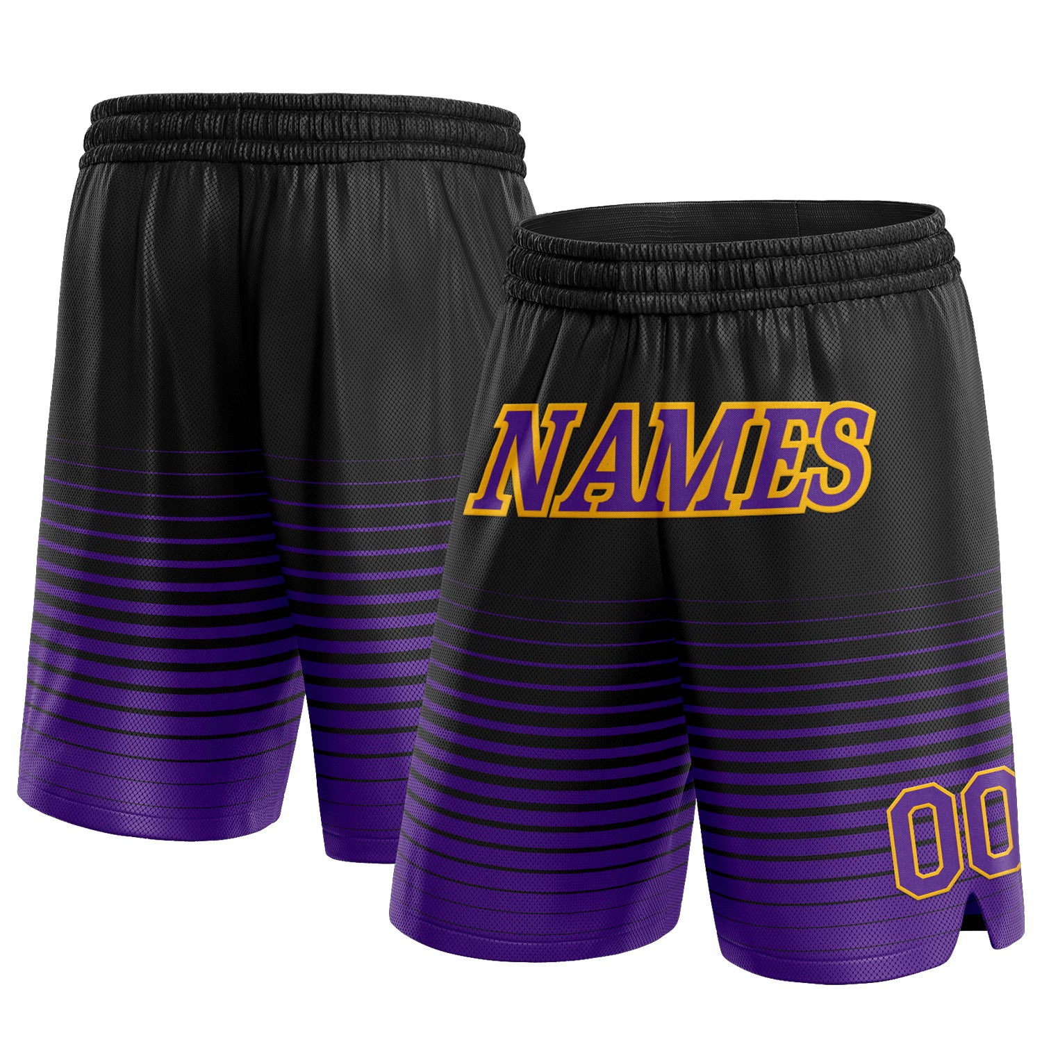 Personalized Fashion Basketball Shorts - Black Purple Gold Pinstripe Fade Personalized Black Purple-Gold Pinstripe Fade Fashion