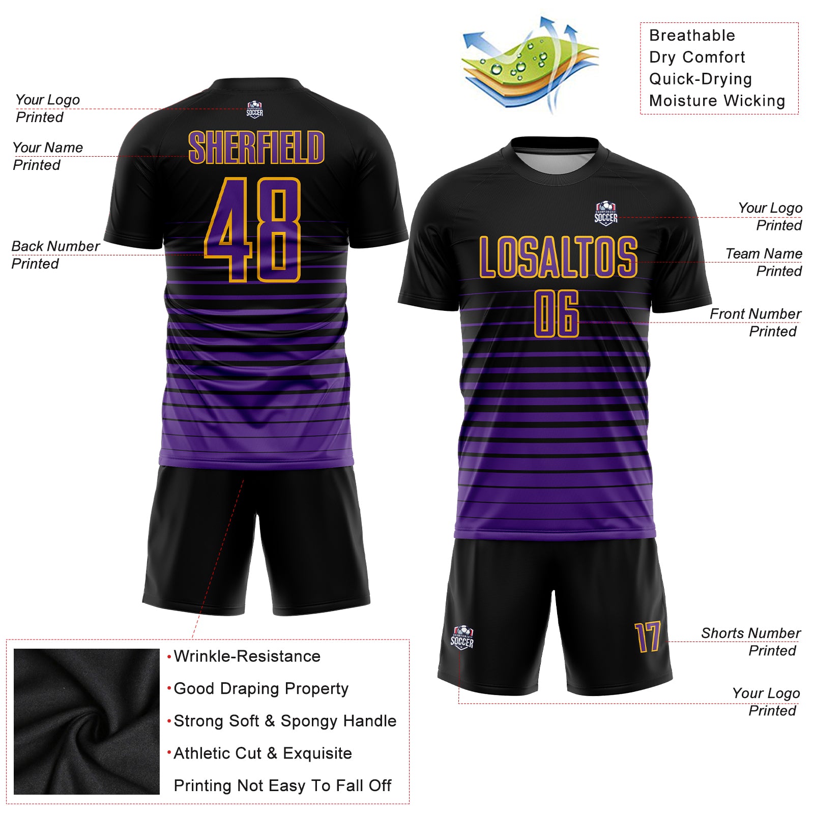Personalized Black Purple-Gold Pinstripe Fade Fashion Sublimation Soccer Uniform Jersey Team Custom Name and Number Personalized Soccer Jersey with Custom Name & Number - Black Purple Gold Pinstripe Fade Fashion Uniform Personalized Black - Image 3