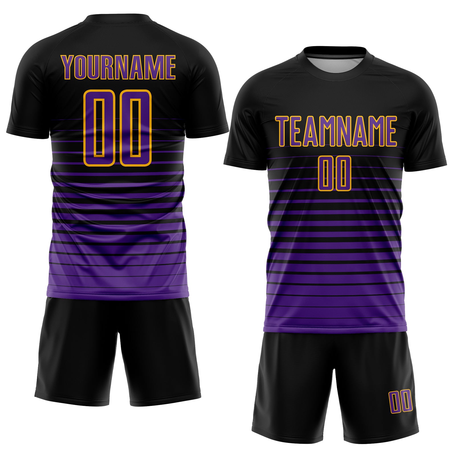 Personalized Black Purple-Gold Pinstripe Fade Fashion Sublimation Soccer Uniform Jersey Team Custom Name and Number Personalized Soccer Jersey with Custom Name & Number - Black Purple Gold Pinstripe Fade Fashion Uniform Personalized Black - Image 2