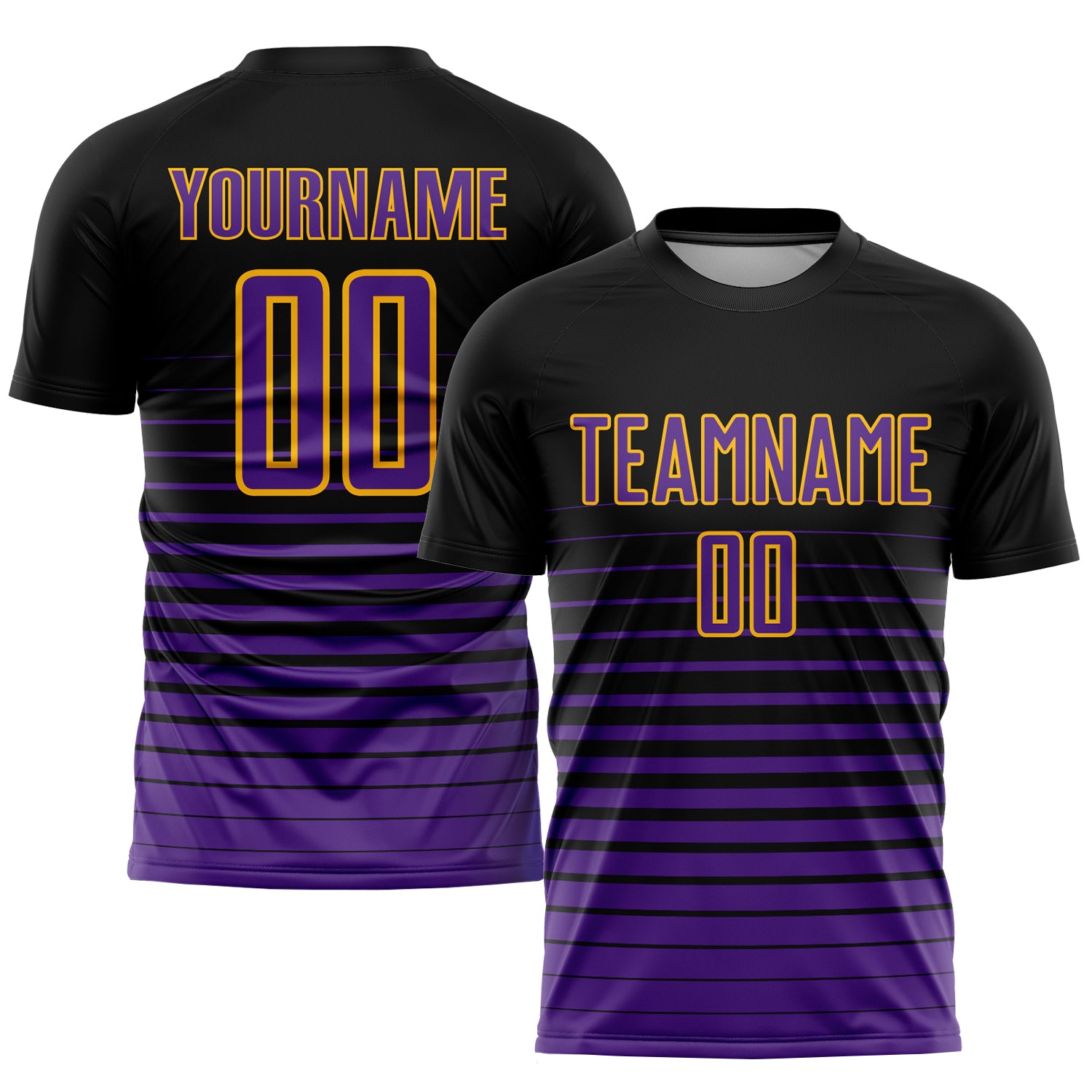 Personalized Soccer Jersey, Black Purple-Gold Pinstripe Fade Fashion Sublimation Design Personalized Black Purple-Gold Pinstripe