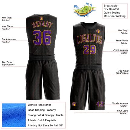 Custom Basketball Jersey - Personalized Black Purple Gold Sublimation Suit with Team Name and Number, Round Neck Personalized