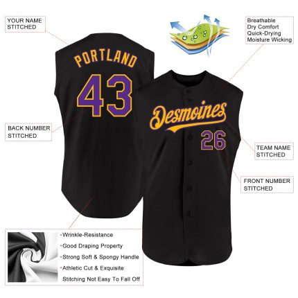 Personalized Black Purple Gold Baseball Jersey - Custom Sleeveless Design 2 Personalized Black Purple-Gold Sleeveless Baseball
