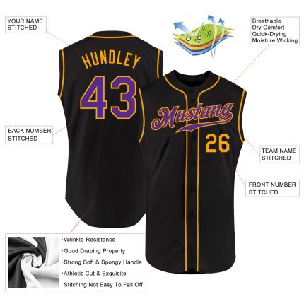 Personalized Purple Gold Black Sleeveless Baseball Jersey for Men and Women Personalized Black Purple-Gold Sleeveless Baseball