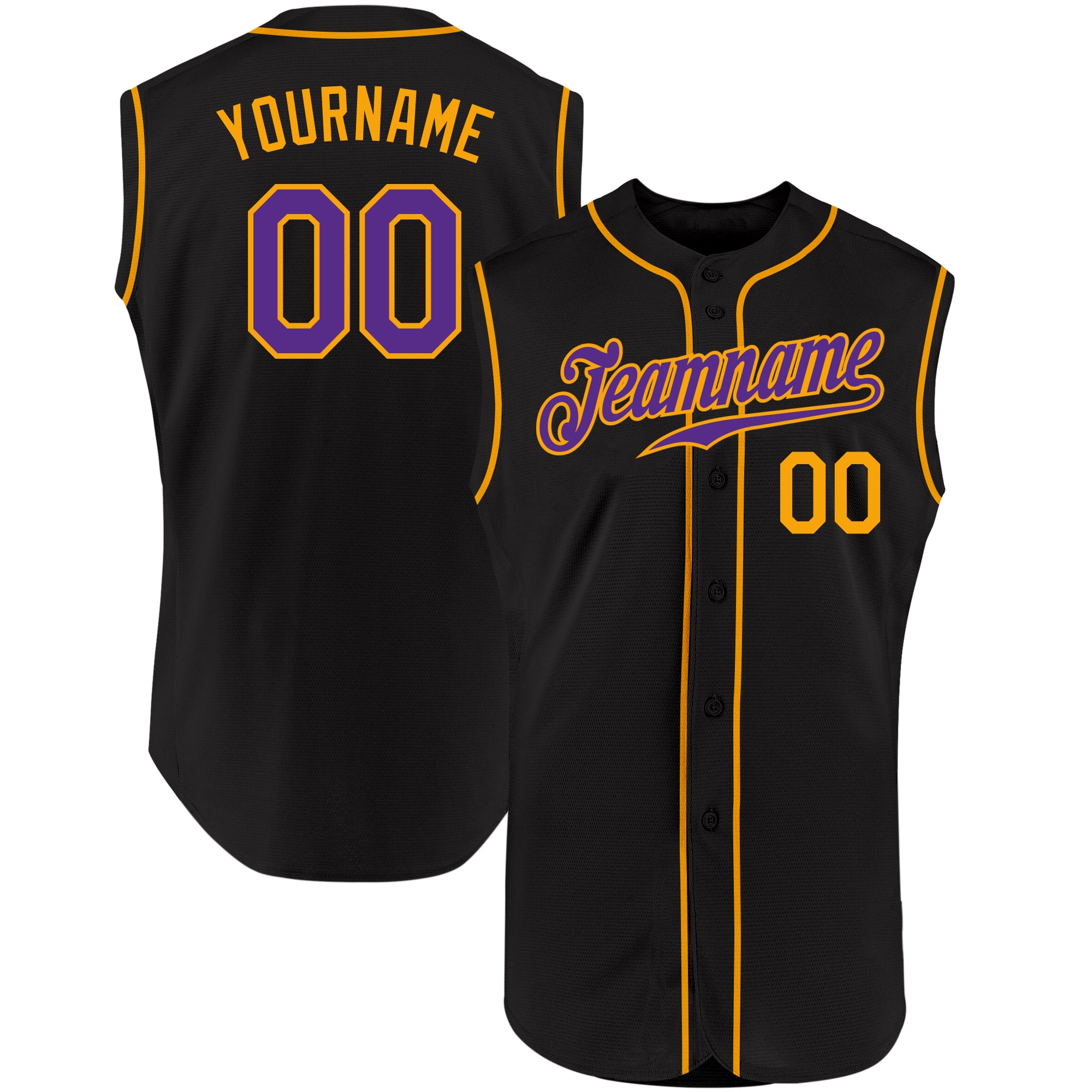 Personalized Purple Gold Black Sleeveless Baseball Jersey for Men and Women Personalized Black Purple-Gold Sleeveless Baseball