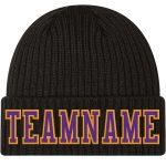 Personalized Black Purple Gold Knit Hat with Cuffs, Stitched Design Personalized Black Purple-Gold Stitched Cuffed Knit Hat