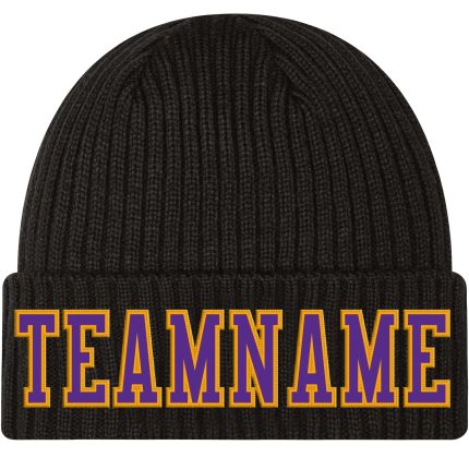 Custom black, purple and gold cuffed beanie