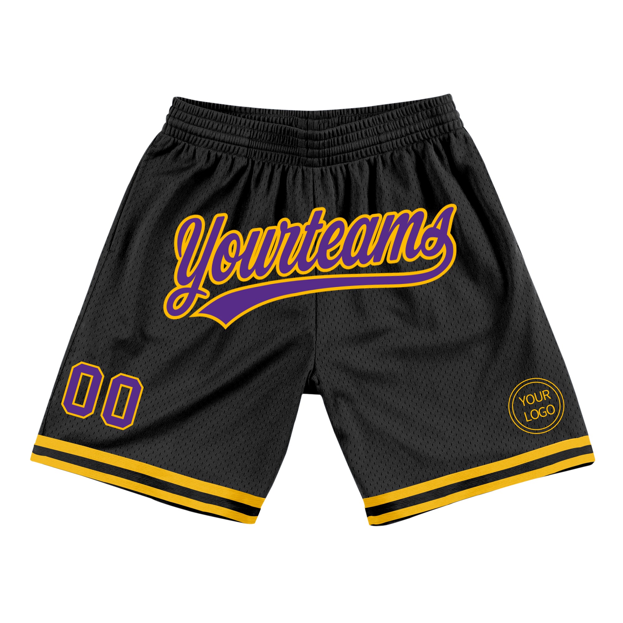 Personalized Basketball Shorts in Black Purple Gold - Throwback Style Personalized Black Purple-Gold Throwback Basketball
