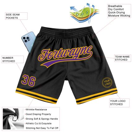 Personalized Basketball Shorts in Black Purple Gold - Throwback Style Personalized Black Purple-Gold Throwback Basketball
