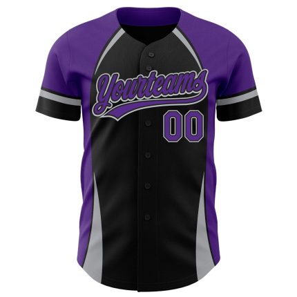 Custom Name & Number Personalized Baseball Jersey - Black Purple-Gray 3D Curve Pattern Design Personalized Black Purple-Gray