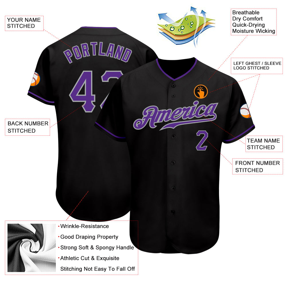 Personalized Black Purple-Gray Baseball Jersey Personalized Black Purple Gray Baseball Jersey for Men and Women Personalized Black Purple-Gray Baseball Jersey - Image 3