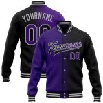 Custom Gradient Varsity Letterman Jacket for Team - Personalized Black Purple-Gray Bomber with Name and Number Personalized