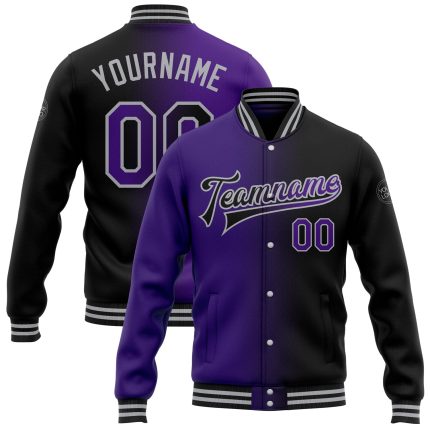 Custom Gradient Varsity Letterman Jacket for Team - Personalized Black Purple-Gray Bomber with Name and Number Personalized