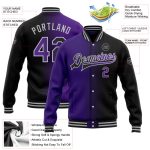 Custom Gradient Varsity Letterman Jacket for Team - Personalized Black Purple-Gray Bomber with Name and Number Personalized