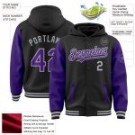 Custom Name Number Two Tone Hoodie Jacket Black Purple Gray Varsity Letterman Bomber Full-Snap for Team Personalized Black