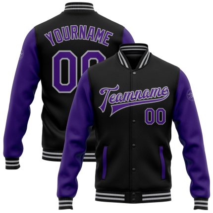 Personalized Varsity Letterman Two Tone Jacket - Black Purple Gray Bomber Full-Snap Personalized Black Purple-Gray Bomber