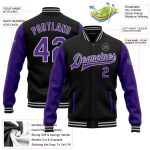 Custom Name Number Two Tone Varsity Bomber Jacket Black Purple Gray Full-Snap Letterman Personalized Black Purple-Gray Bomber