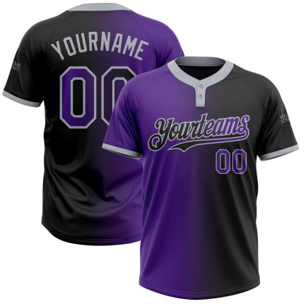 Personalized Unisex Softball Jersey Black Purple-Gray Gradient Two-Button Stylish Design Personalized Black Purple-Gray Gradient