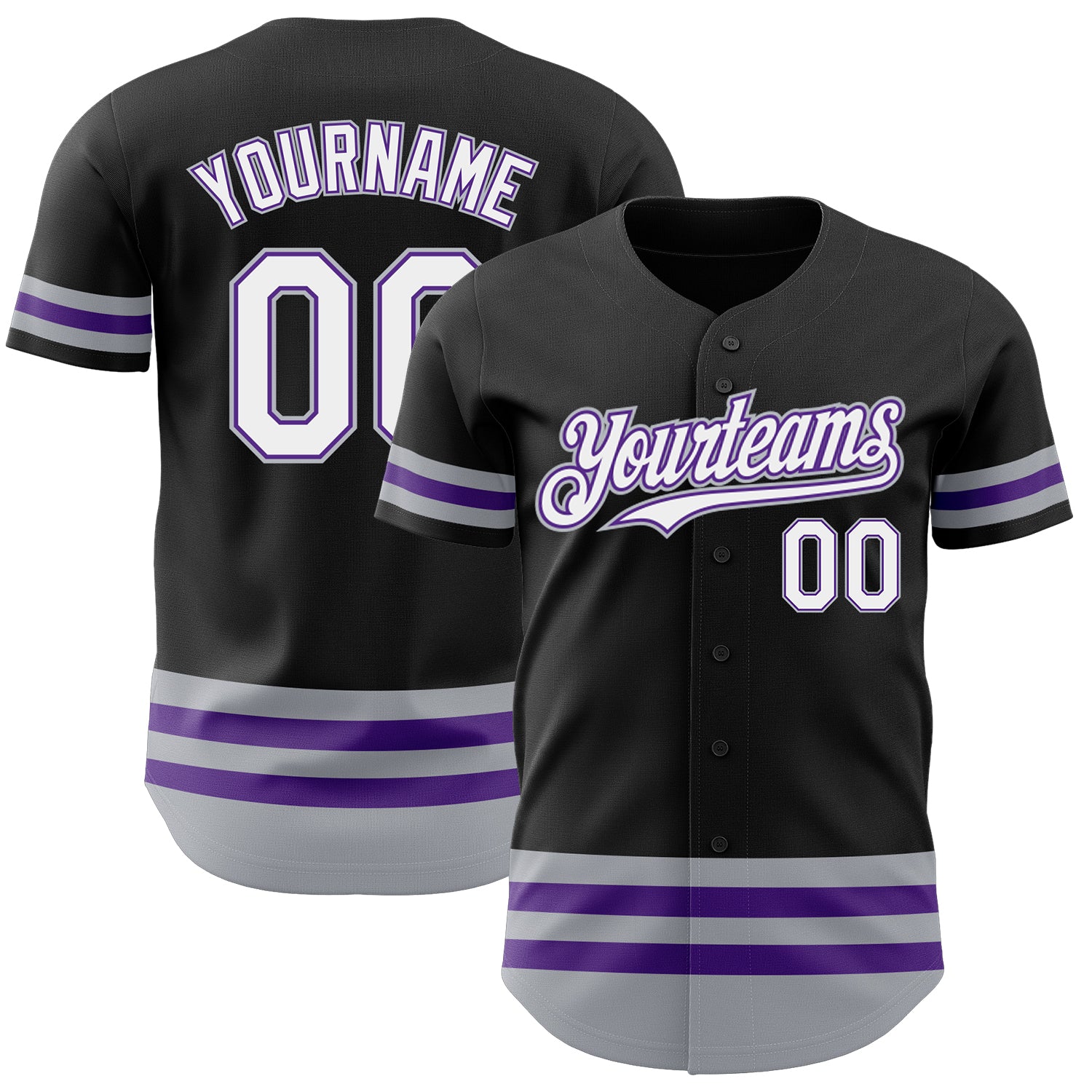 Custom Personalized Baseball Jersey - Black Purple-Gray Line with Team Name & Number Personalized Black Purple-Gray Line