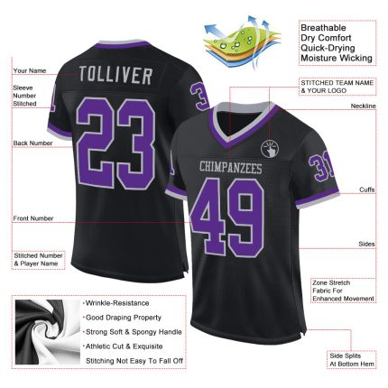 Custom Name and Number Football Jersey - Personalized Authentic Black Purple-Gray Mesh Throwback Design Personalized Black