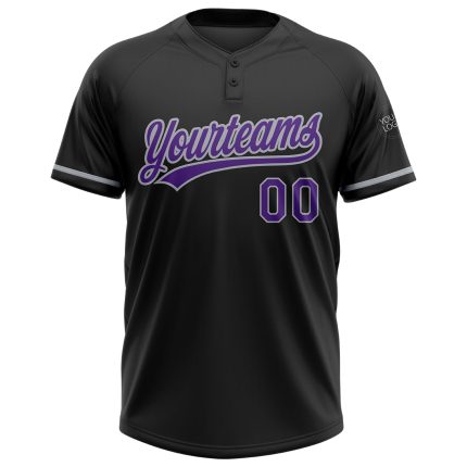 Customizable Unisex Softball Jersey - Personalized Black Purple-Gray Two-Button with Name and Number Personalized Black Purple-Gray