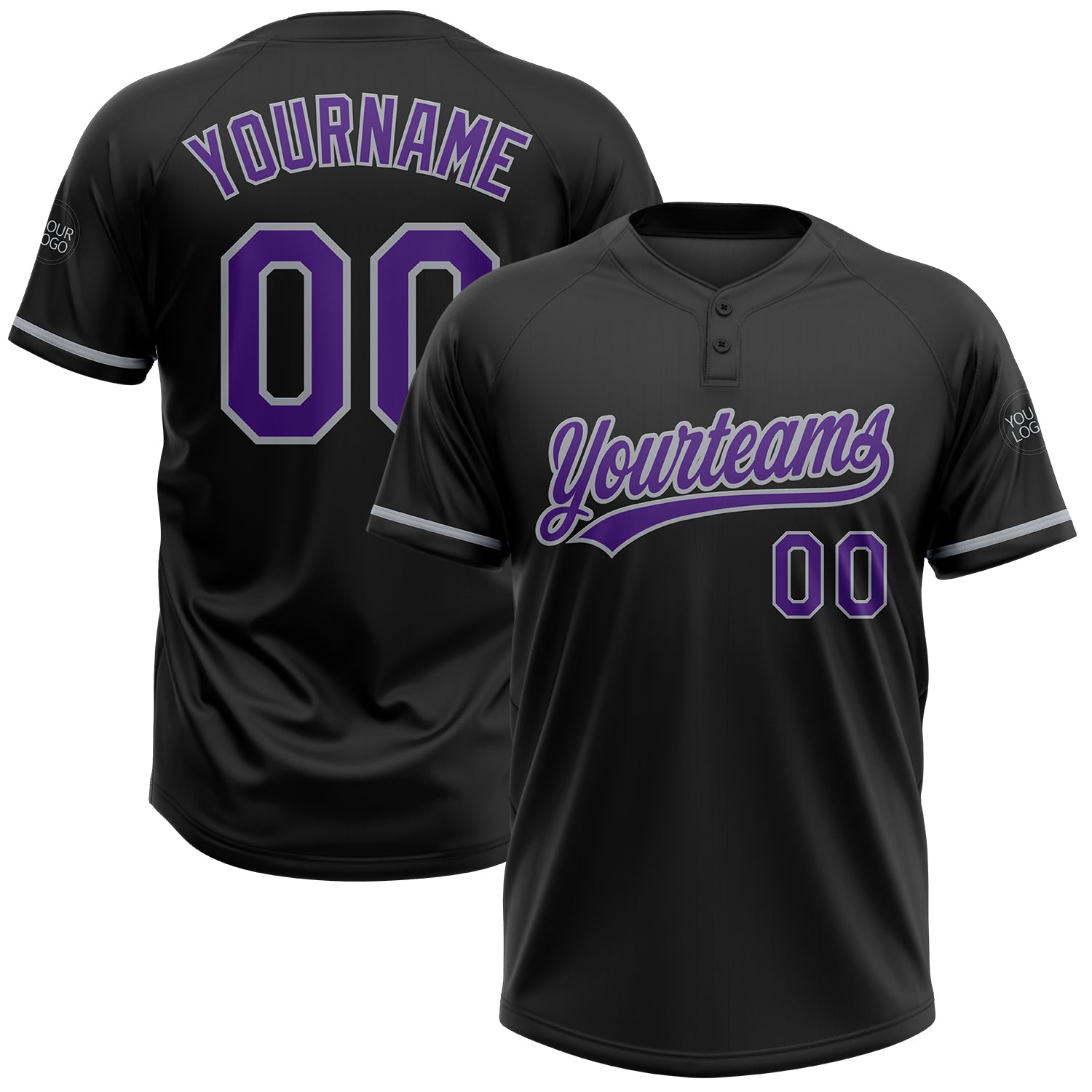 Customizable Unisex Softball Jersey - Personalized Black Purple-Gray Two-Button with Name and Number Personalized Black Purple-Gray