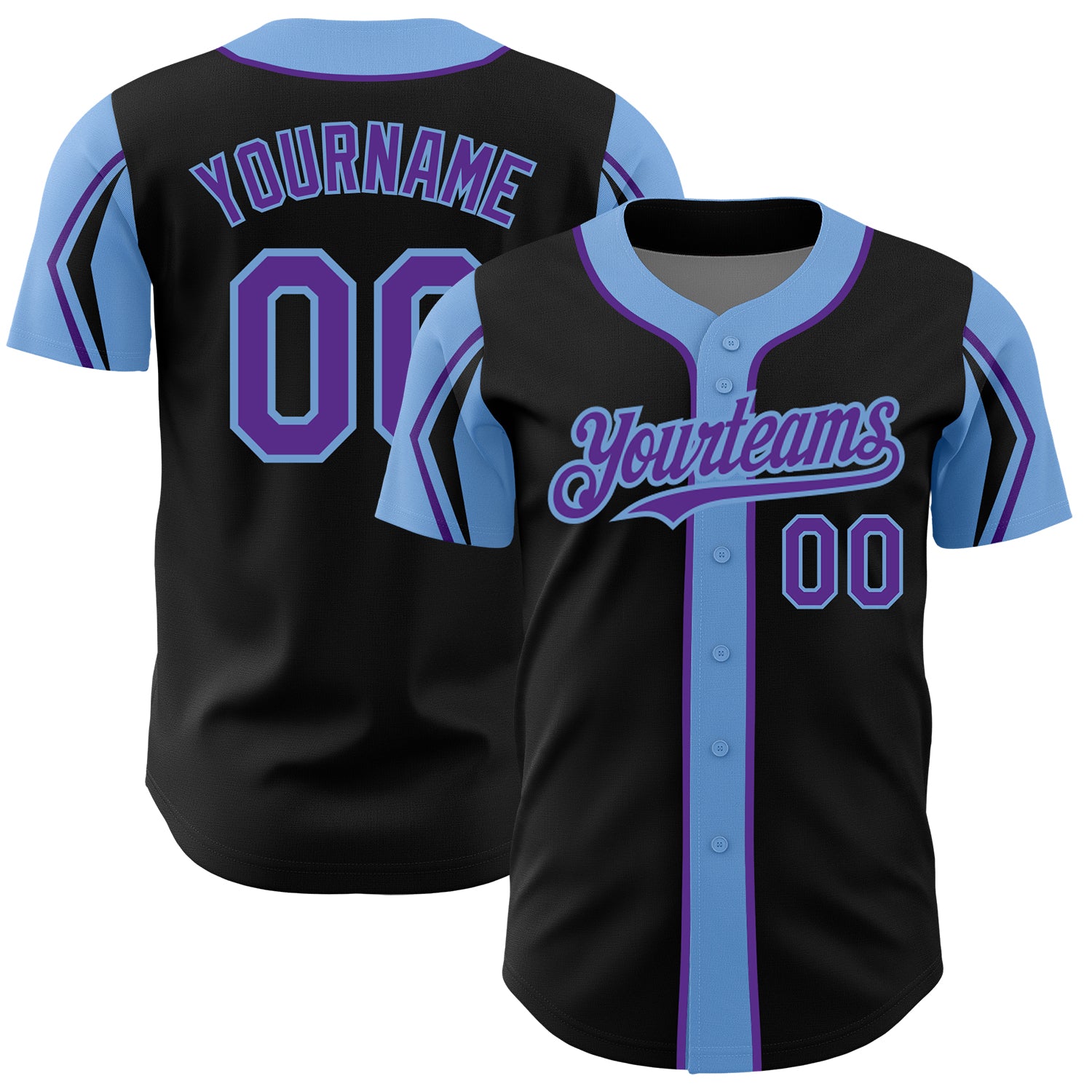 Personalized Black Purple Light Blue Baseball Jersey - 3 Color Arm Shapes Personalized Black Purple-Light Blue 3 Colors Arm
