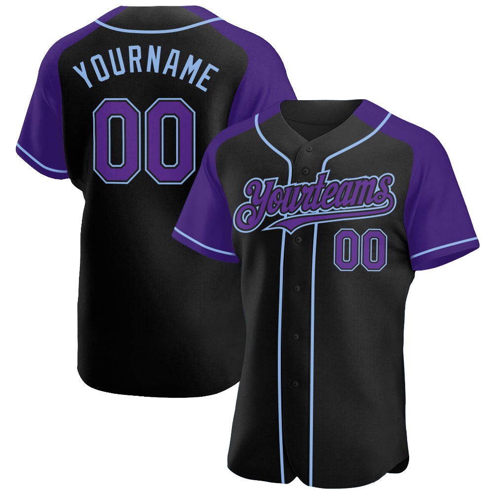 Custom Name and Number Personalized Black Purple Light Blue Baseball Jersey Authentic Raglan Sleeves Personalized Black Purple-Light