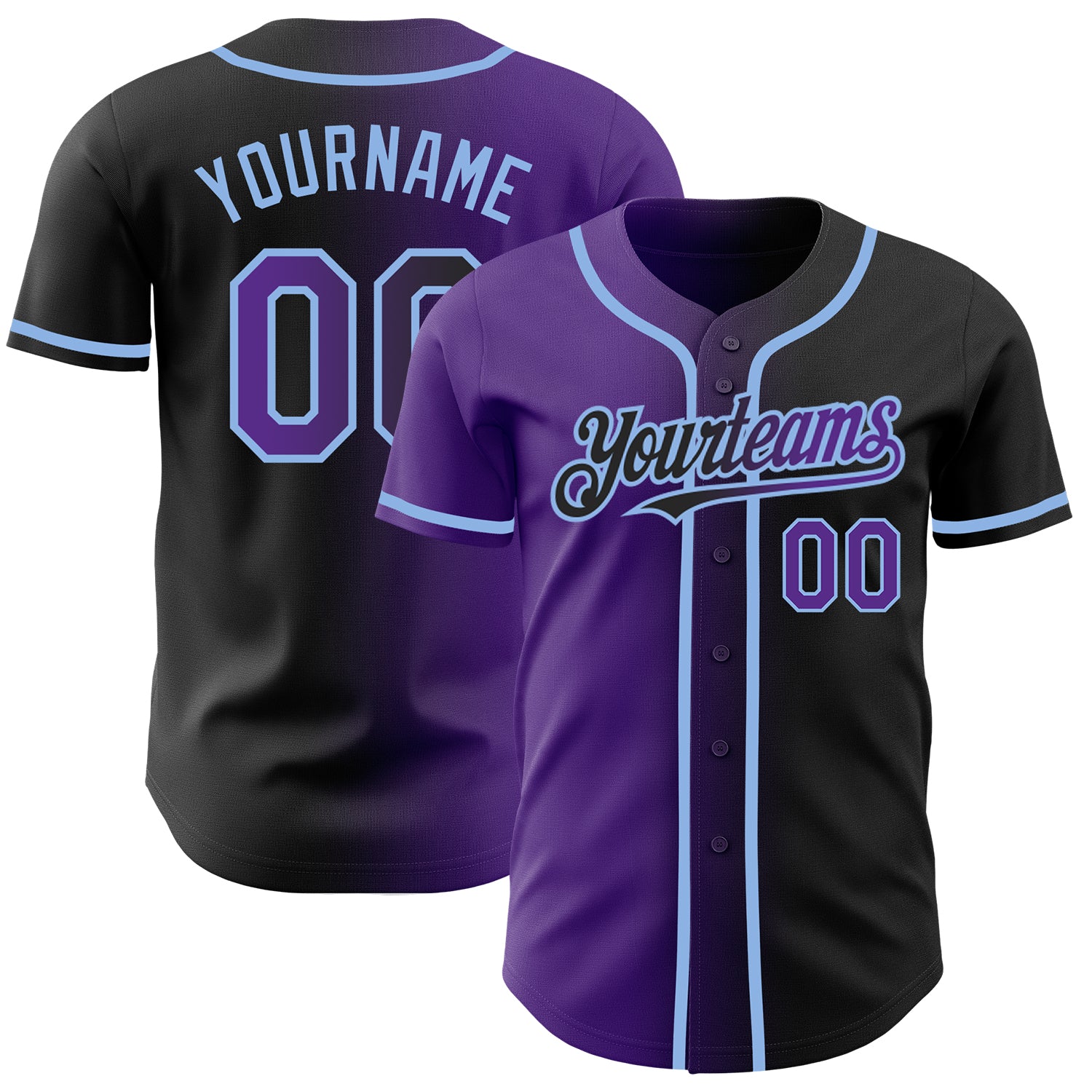 Personalized Fashion Baseball Jersey - Black Purple-Light Blue Gradient Personalized Black Purple-Light Blue Gradient Fashion