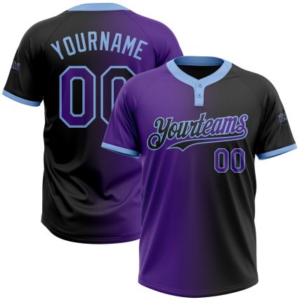 Personalized Unisex Softball Jersey in Black Purple Light Blue Gradient - Two-Button Style Personalized Black Purple-Light