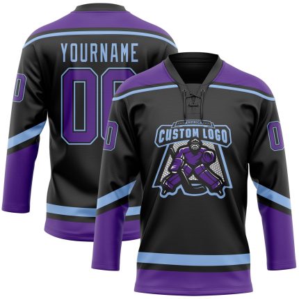 Personalized Hockey Jersey - Black Purple Light Blue Lace Neck Design Personalized Black Purple-Light Blue Hockey Lace Neck