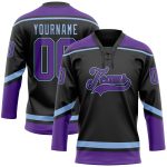 Custom Name and Number Personalized Hockey Jersey - Black Purple Light Blue Lace Neck Personalized Black Purple-Light Blue