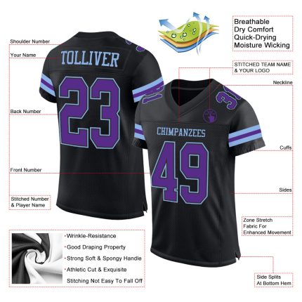 Custom Personalized Authentic Football Jersey - Black Purple Light Blue Mesh with Custom Name and Number Personalized Black