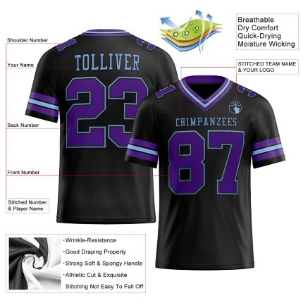 Personalized Football Jersey in Black, Purple & Light Blue Mesh - Customizable Design Personalized Black Purple-Light Blue