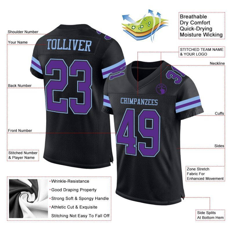 Customizable Black Purple-Light Blue Mesh Football Jersey for Fans Personalized Black Purple-Light Blue Mesh Football Jersey