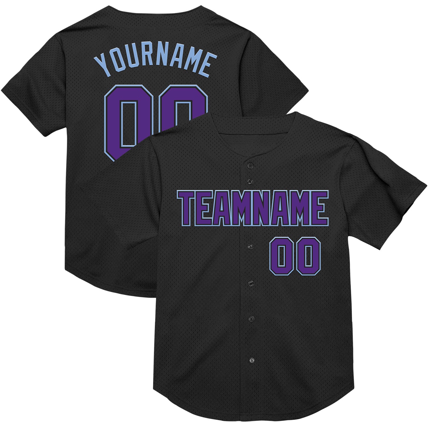 Custom Black Purple-Light Blue Mesh Baseball Jersey - Throwback Style 2 Personalized Black Purple-Light Blue Mesh Throwback