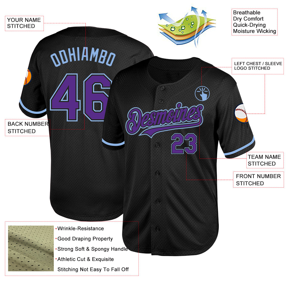 Personalized Black Purple-Light Blue Mesh Throwback Baseball Jersey Personalized Baseball Jersey - Black Purple Light Blue Mesh Throwback Design Personalized Black Purple-Light Blue Mesh Throwback - Image 3