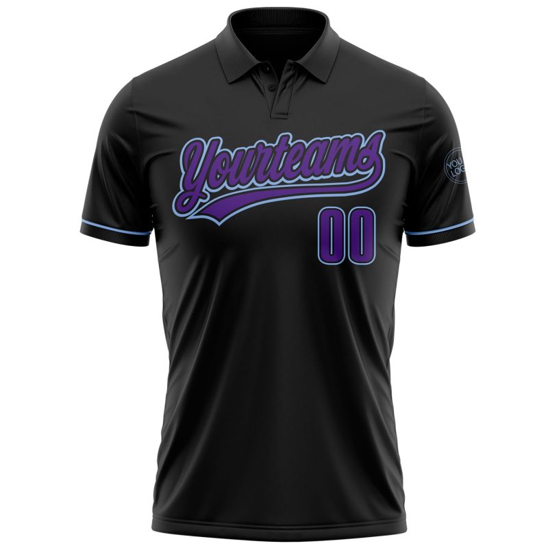 Personalized Performance Golf Polo Shirt in Black, Purple, and Light Blue Personalized Black Purple-Light Blue Performance
