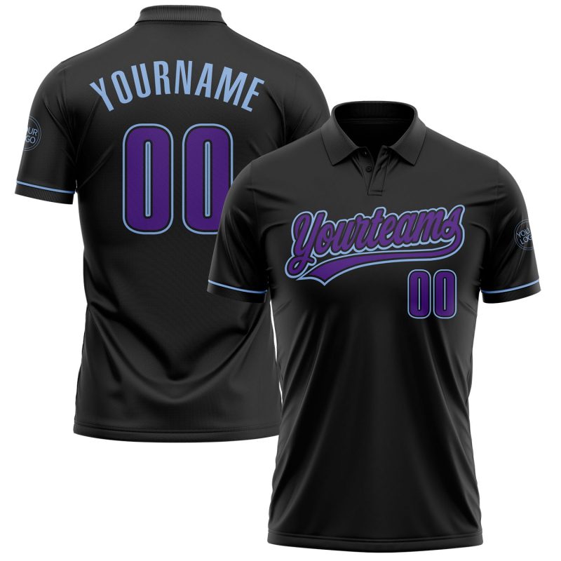 Personalized Performance Golf Polo Shirt in Black, Purple, and Light Blue Personalized Black Purple-Light Blue Performance
